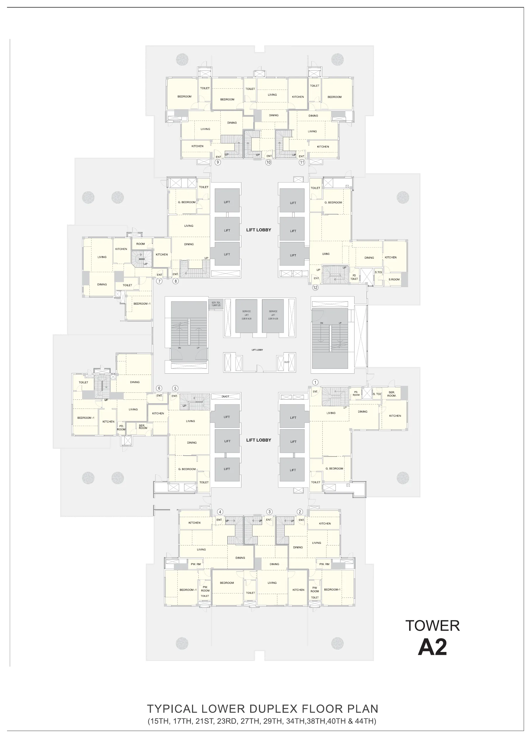 Indiabulls Sky Forest Tower A2 typical lower duplex floor plan, duplexes 1 to 12 with their entrances