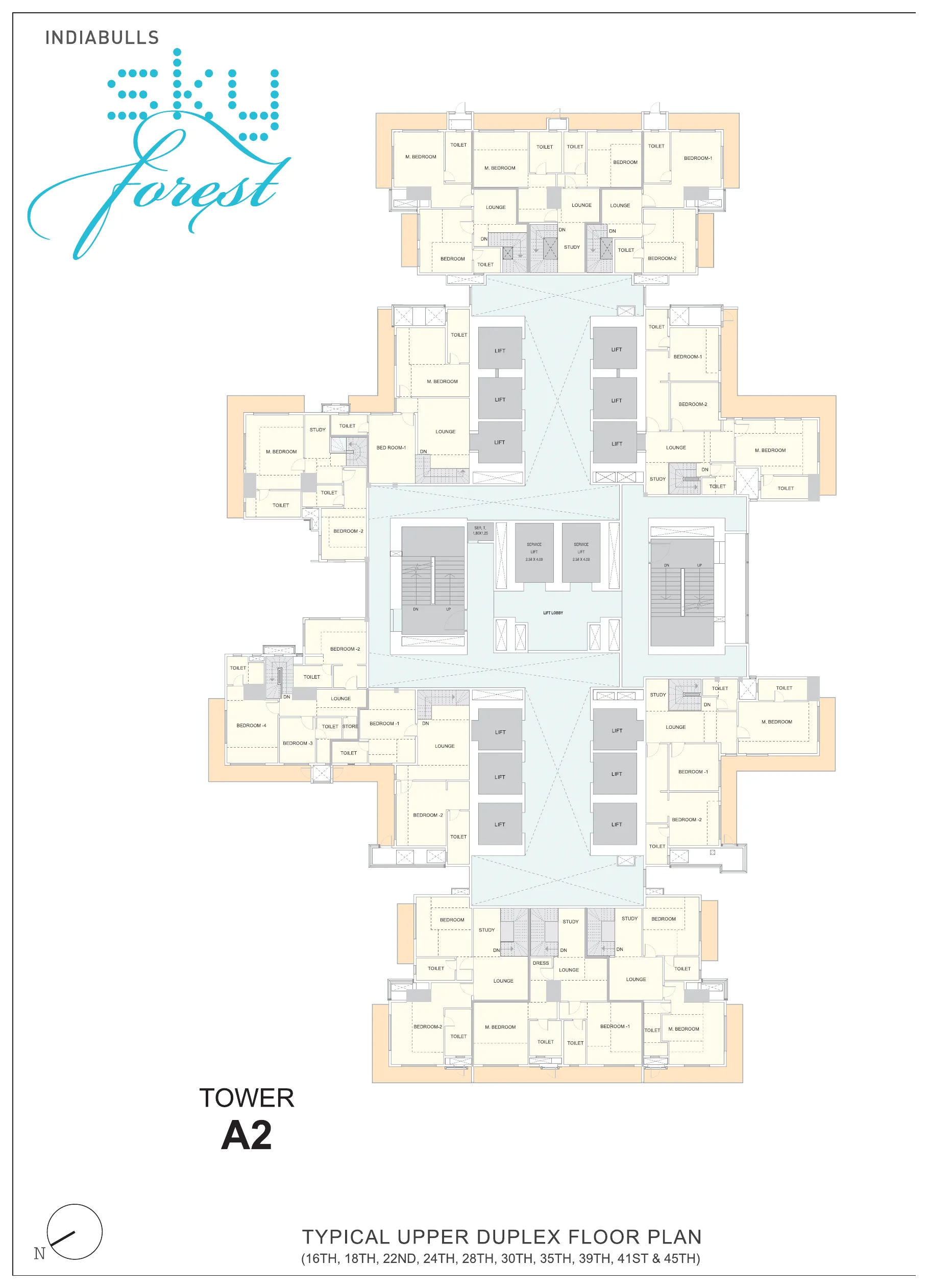 Indiabulls Sky Forest Tower A2 typical upper duplex floor plan, bedrooms, studies and lounges