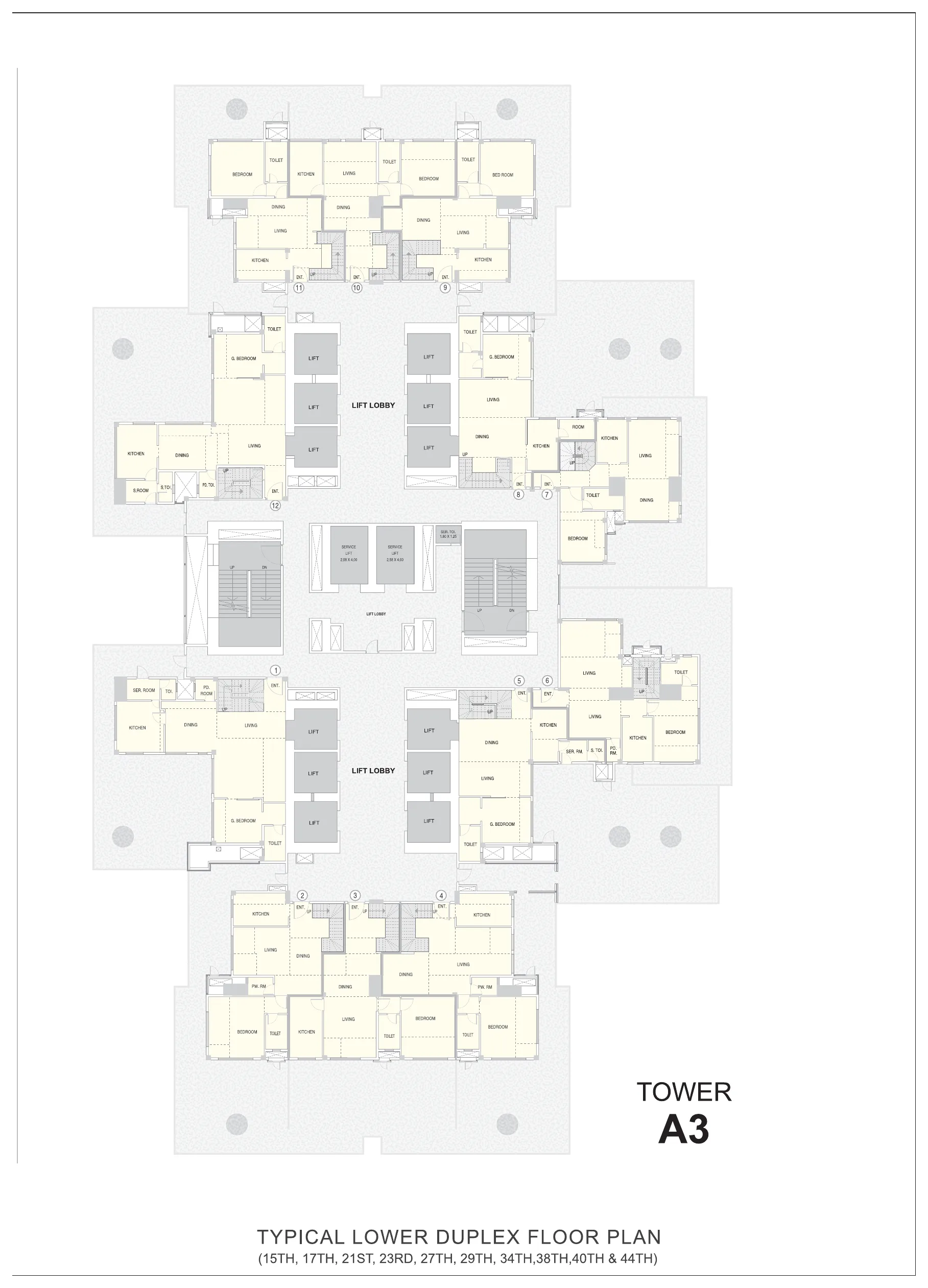 Indiabulls Sky Forest Tower A3 typical lower duplex floor plan, duplexes 1 to 12 with their entrances