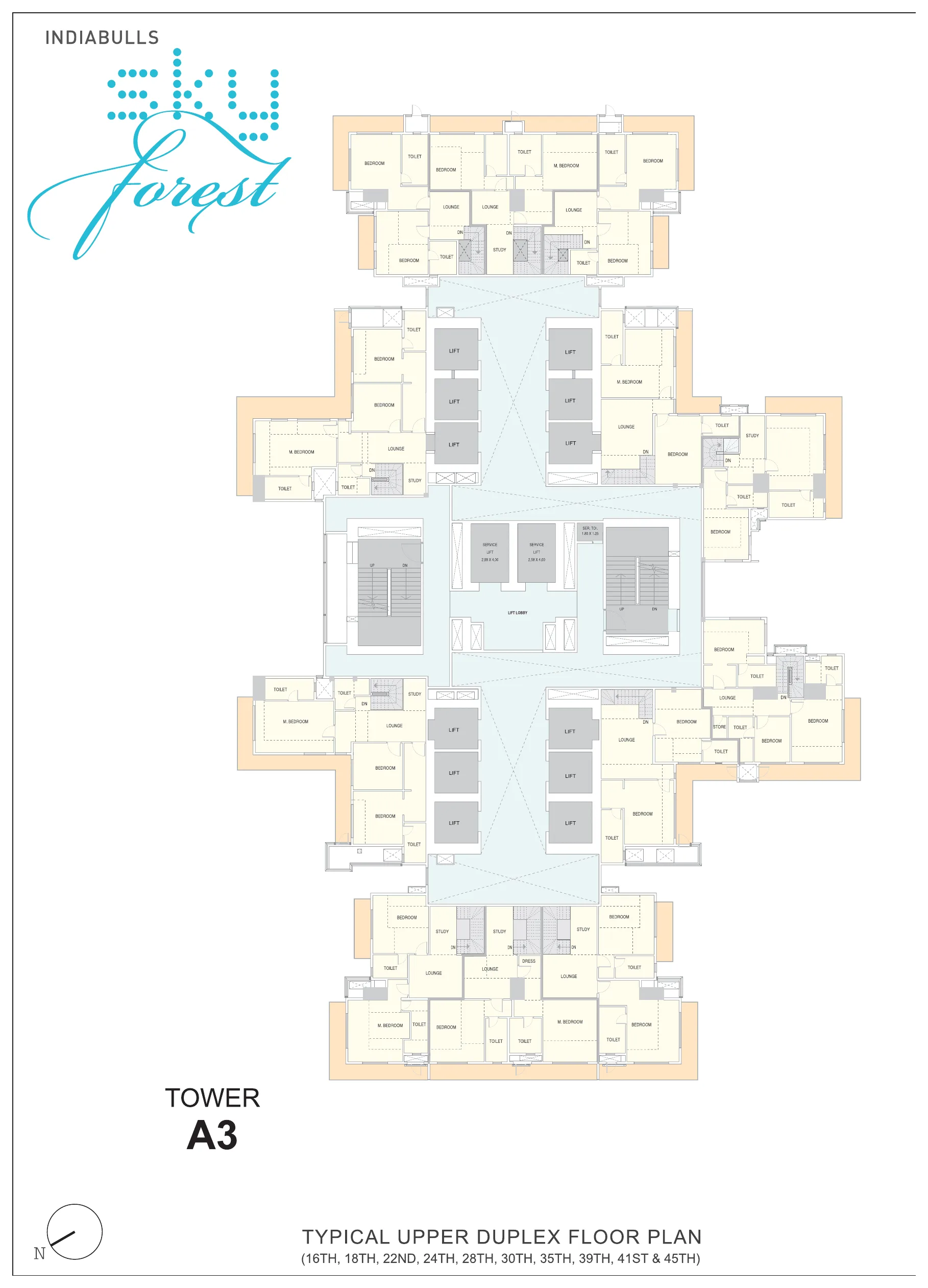 Indiabulls Sky Forest Tower A3 typical upper duplex floor plan, bedrooms, studies and lounges