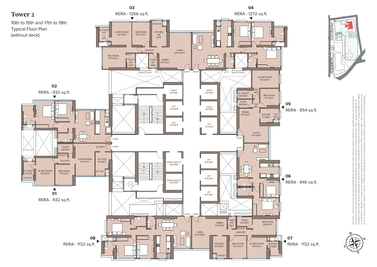 Adani Monte South Pilatus (Tower 2) typical floor plan, 10th to 15th and 17th to 19th floors, flats 01 to 08