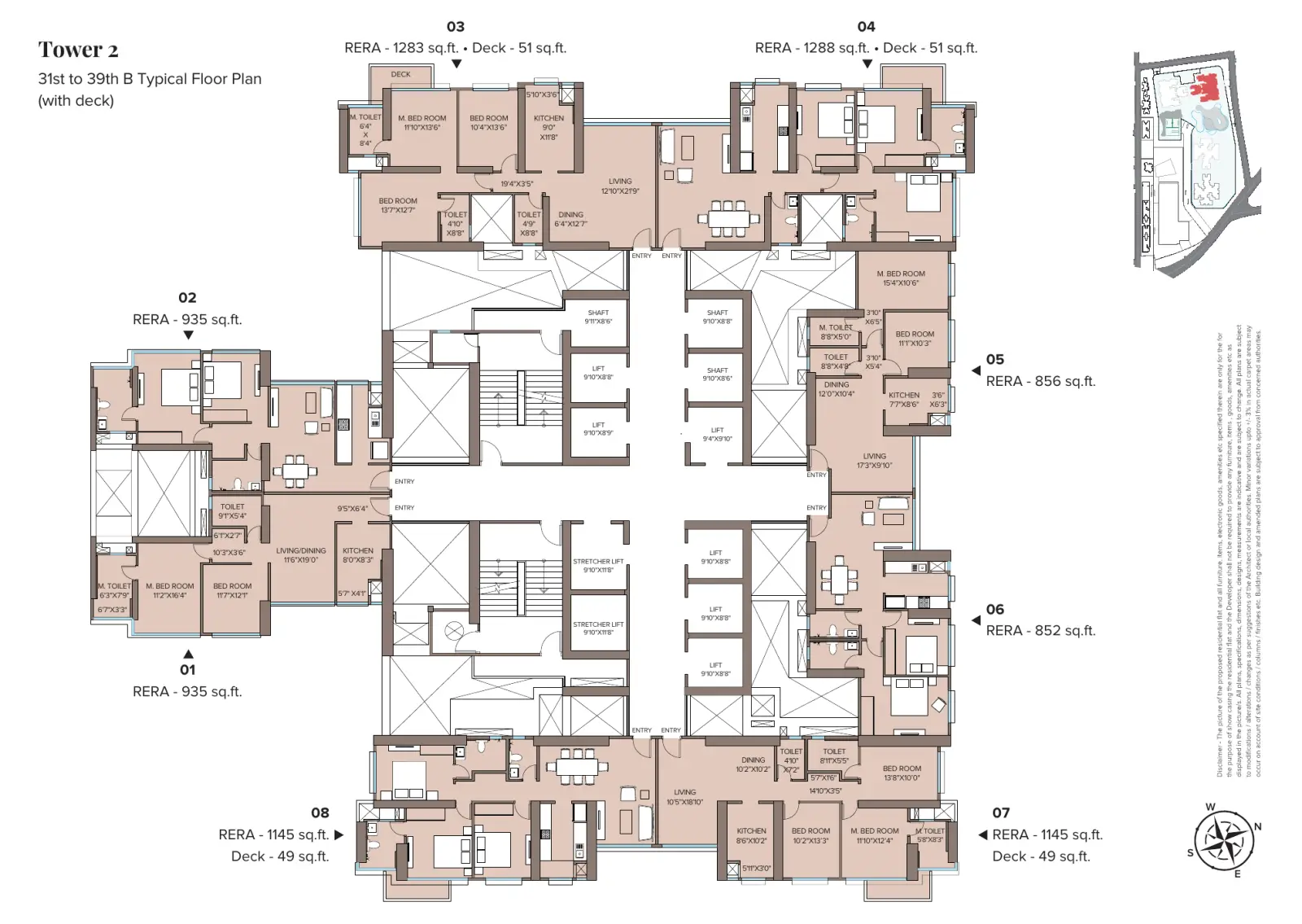 Adani Monte South Pilatus (Tower 2) typical floor plan, 31st to 39th B floors, flats 01 to 08
