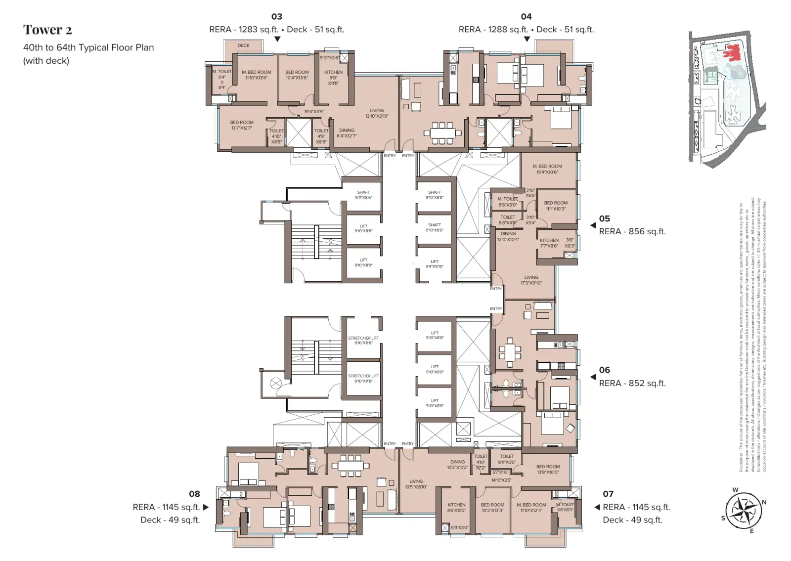 Adani Monte South Pilatus (Tower 2) typical floor plan, 40th to 64th floors, flats 03 to 08