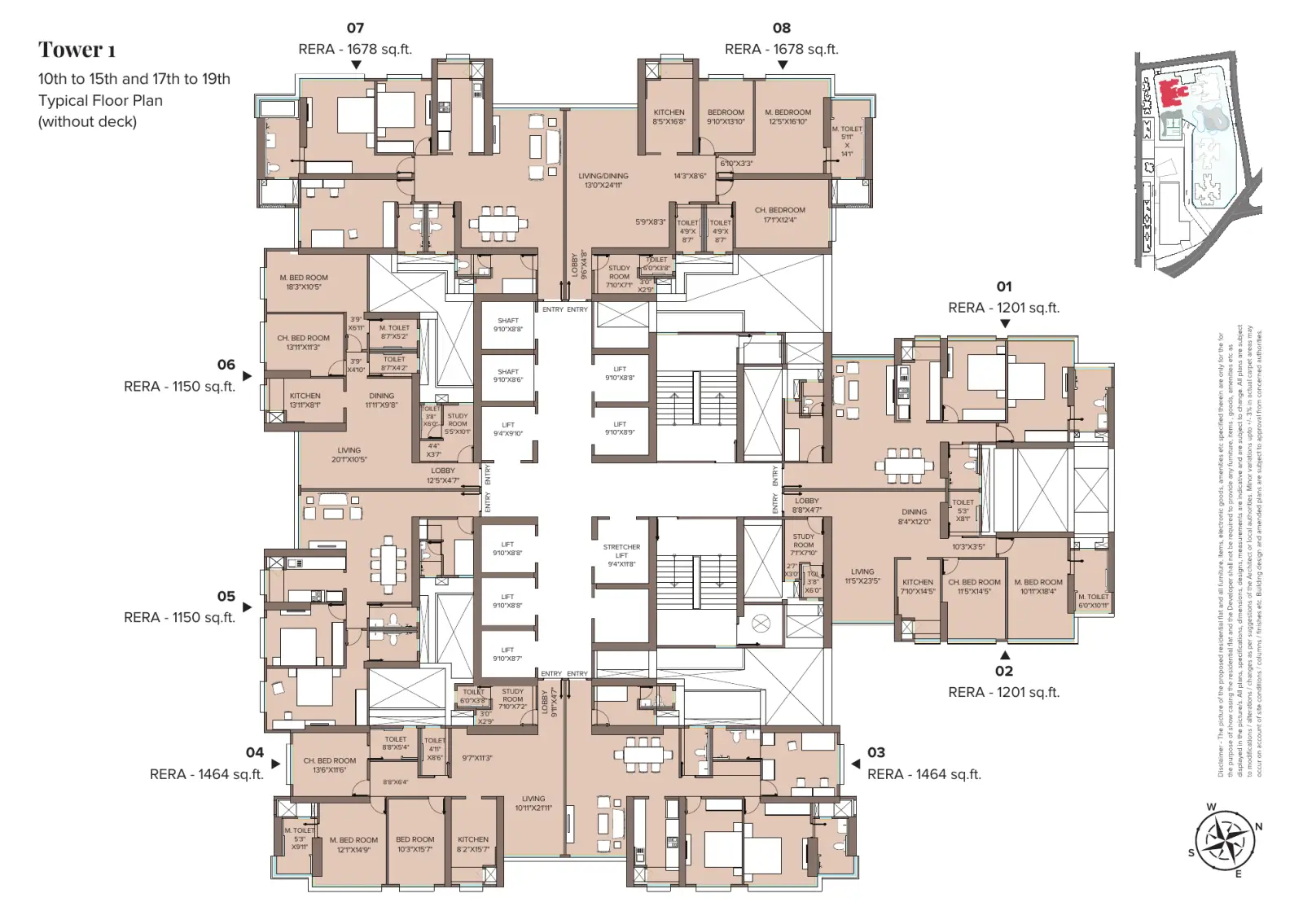 Adani Monte South Titlis (Tower 1) typical floor plan, 10th to 15th and 17th to 19th floors, flats 01 to 08