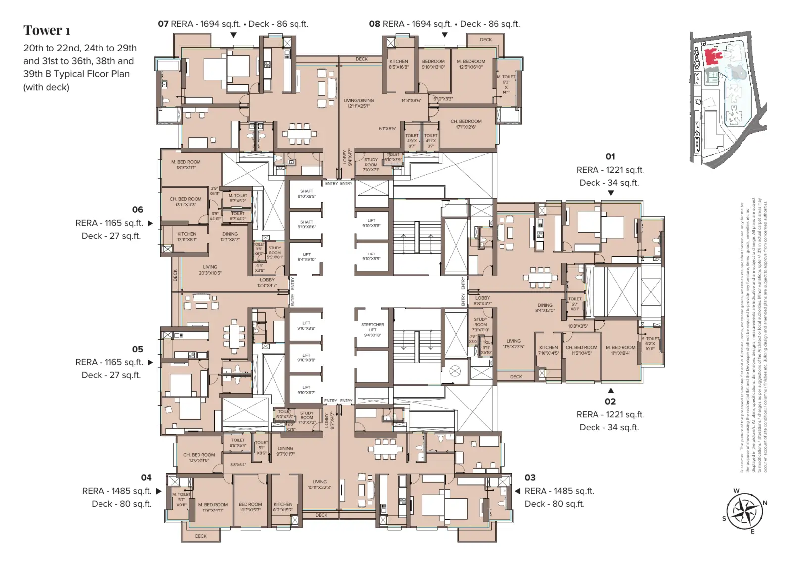 Adani Monte South Titlis (Tower 1) typical floor plan, 20th to 22nd, 24th to 29th and 31st to 36th, 38th and 39th B floors, flats 01 to 08