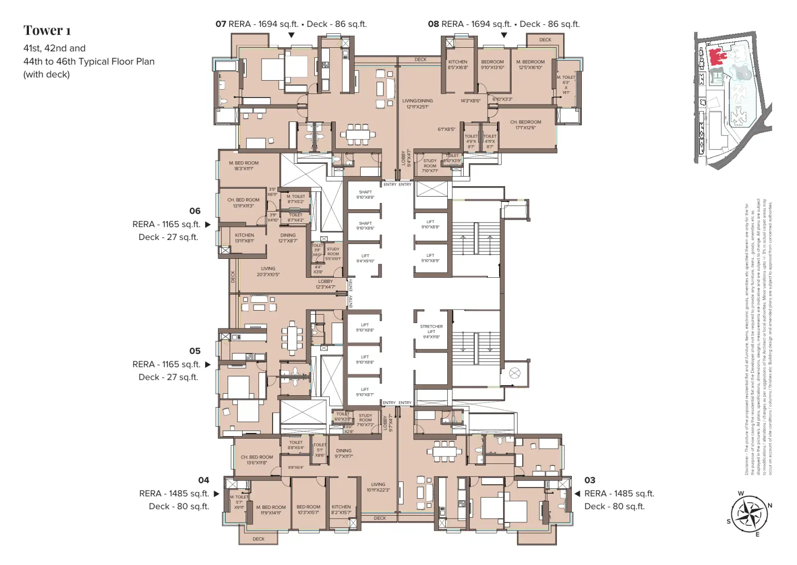 Adani Monte South Titlis (Tower 1) typical floor plan, 41st, 42nd and 44th to 46th floors, flats 03 to 08