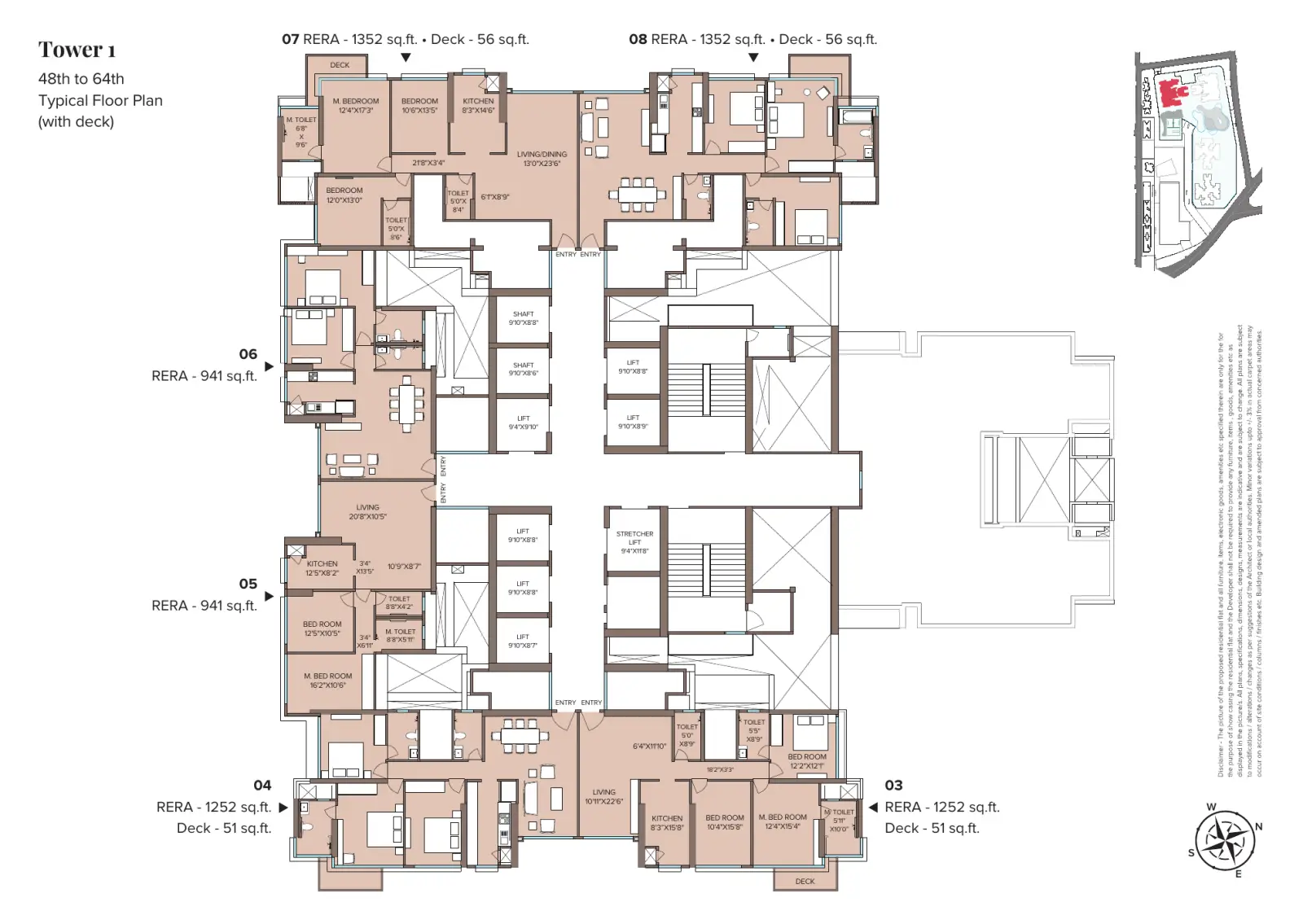 Adani Monte South Titlis (Tower 1) typical floor plan, 48th to 64th floors, flats 03 to 08