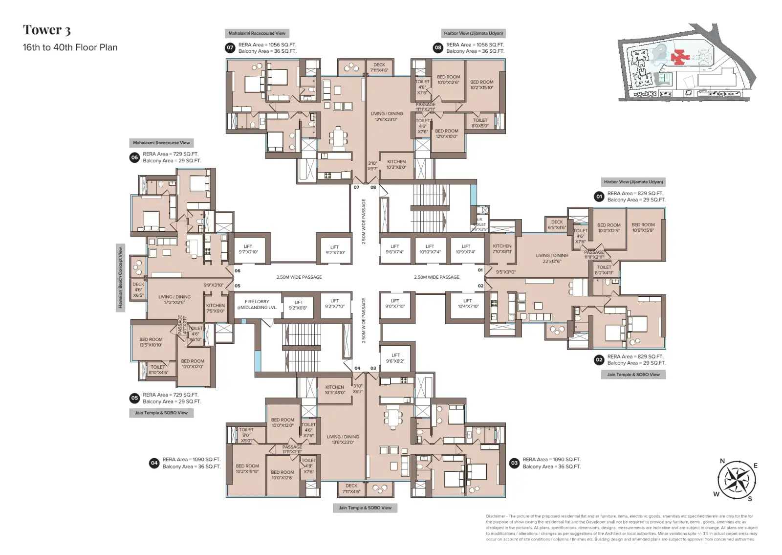Adani Monte South Zermatt (Tower 3) typical floor plan, 16th to 40th floors, flats 01 to 08