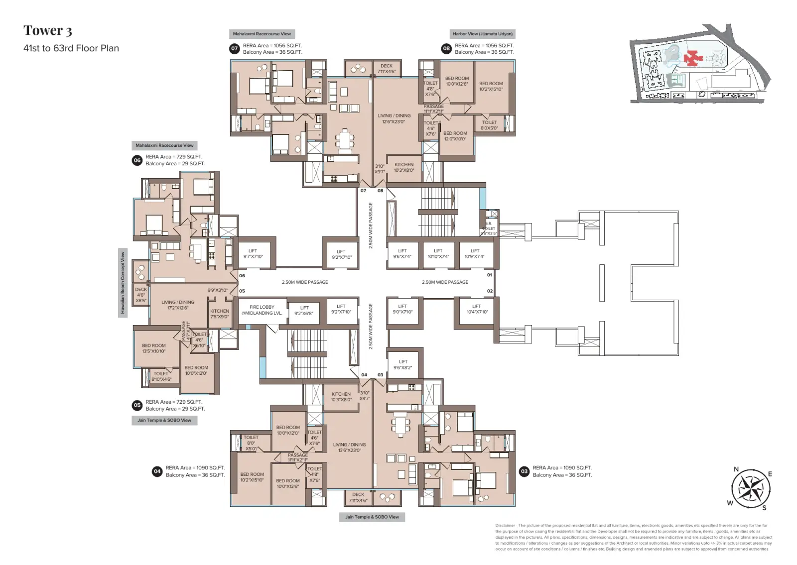 Adani Monte South Zermatt (Tower 3) typical floor plan, 41st to 63rd floors, flats 03 to 08