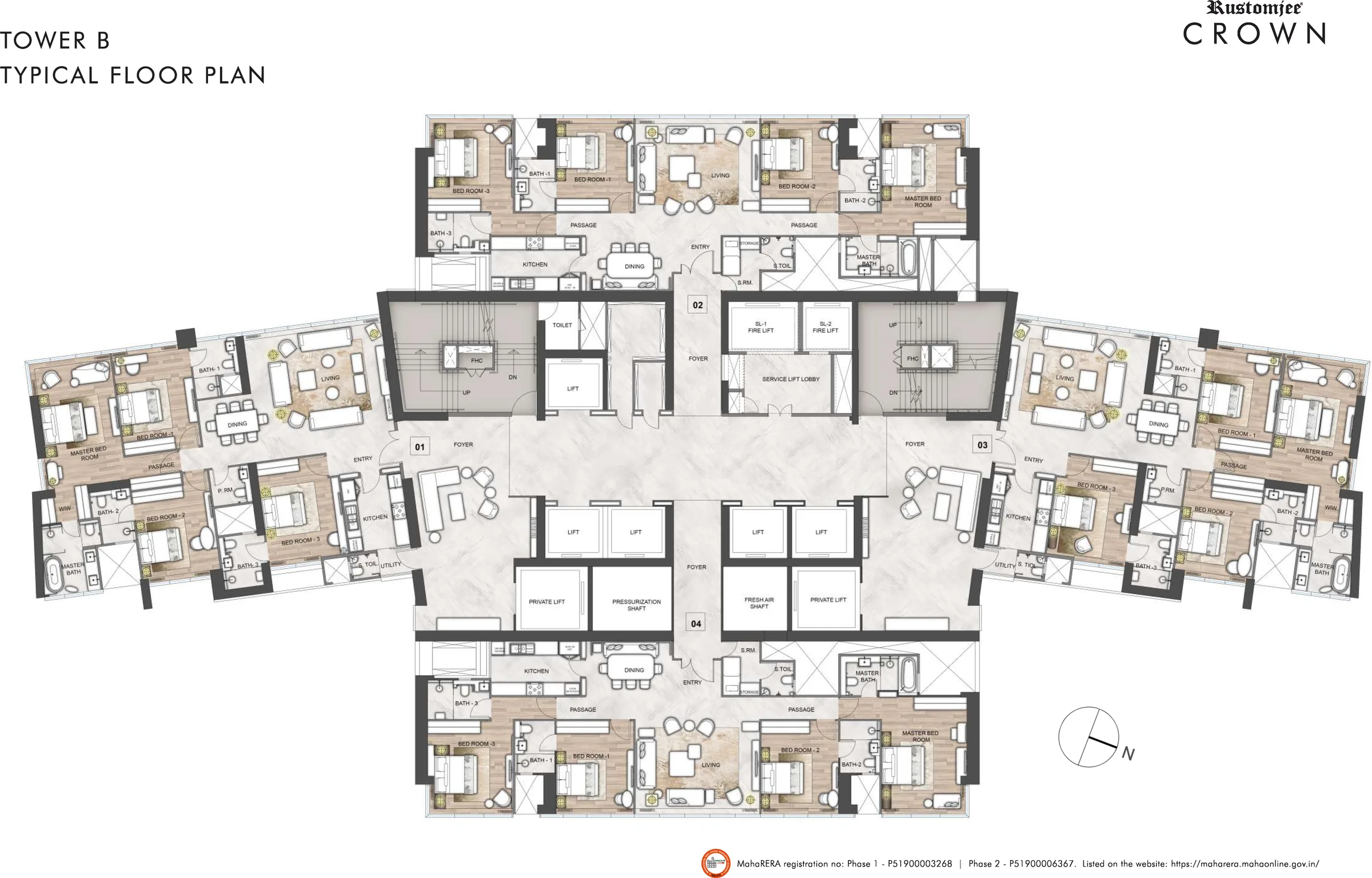 Rustomjee Crown Tower B typical floor plan, floors 24 to 29
