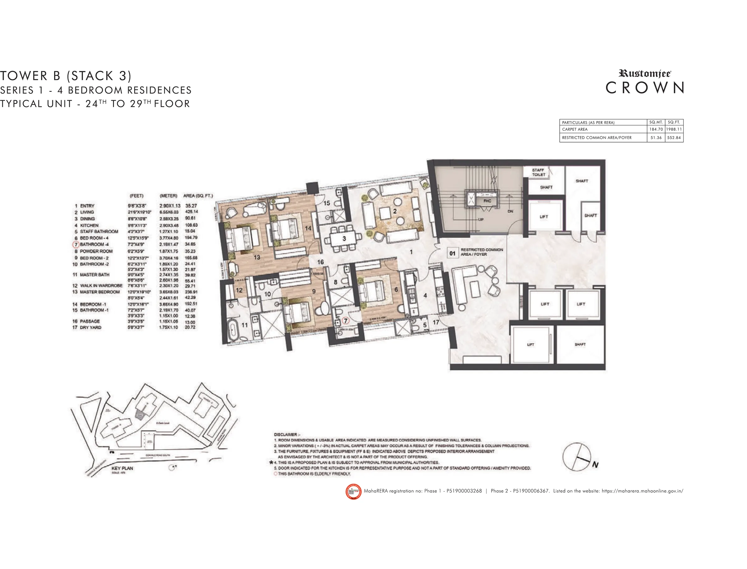 Rustomjee Crown Tower B Series 1 4 BHK unit plan, 1,988 sq ft carpet + 553 sq ft foyer