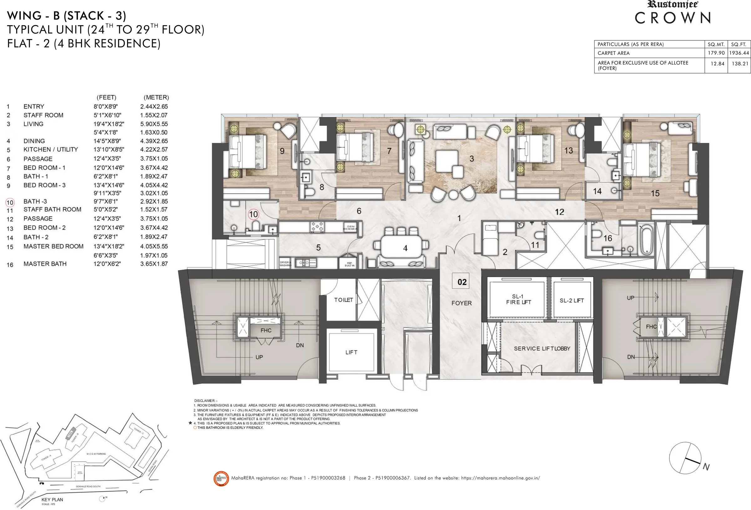 Rustomjee Crown Tower B Series 2 4 BHK unit plan, 1,936 sq ft carpet + 138 sq ft foyer