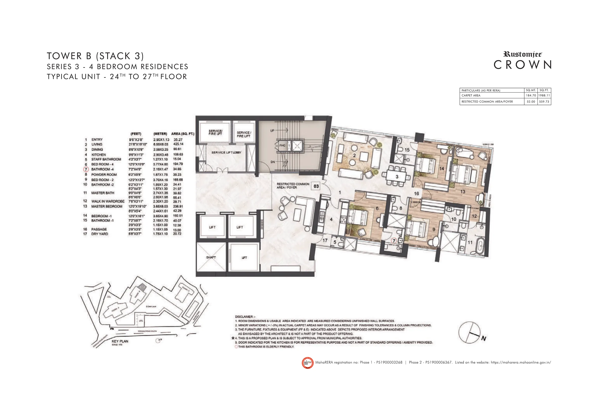 Rustomjee Crown Tower B Series 3 4 BHK unit plan, 1,988 sq ft carpet + 560 sq ft foyer