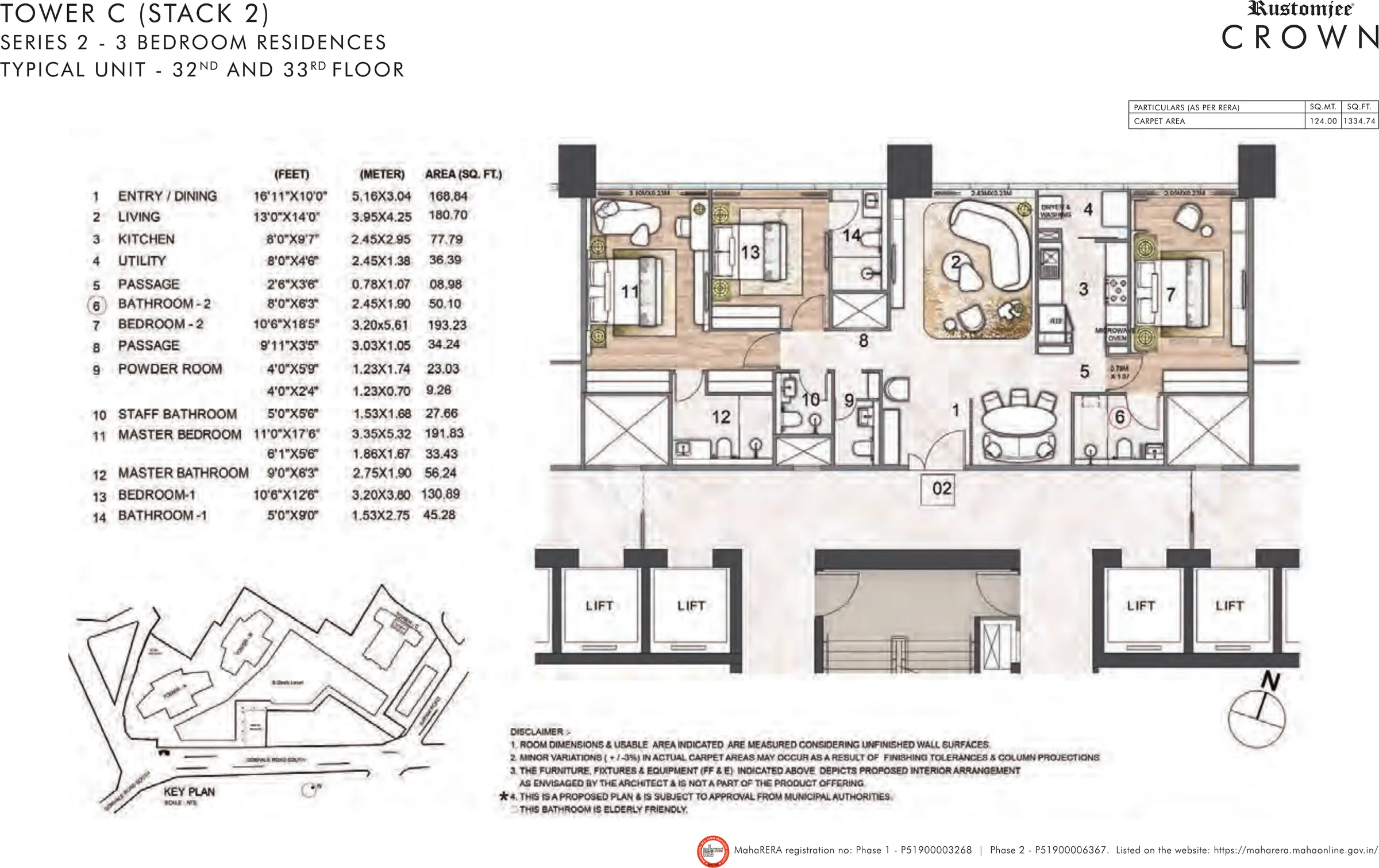 Rustomjee Crown Tower C Series 2 3 BHK unit plan, 1,335 sq ft carpet