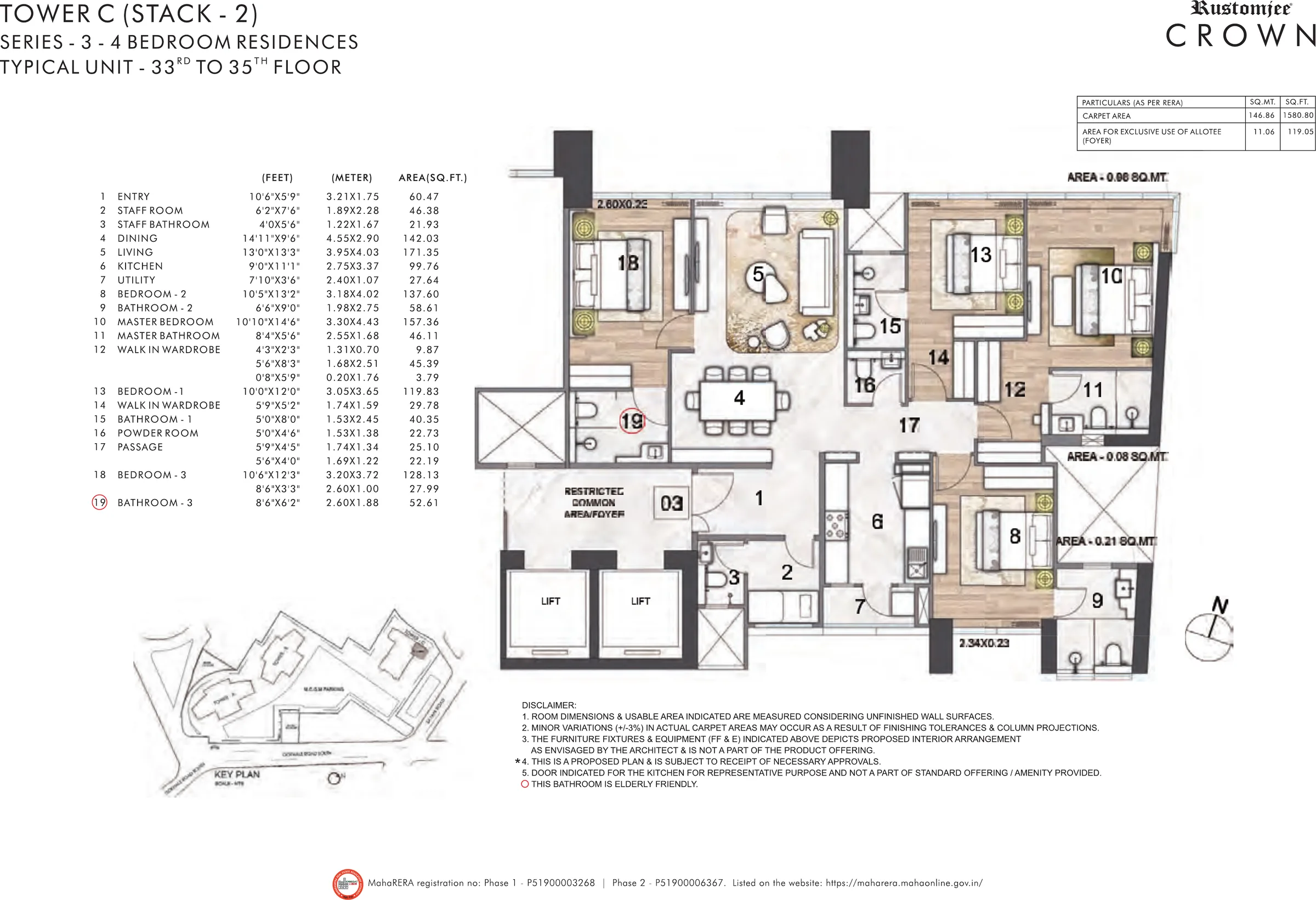 Rustomjee Crown Tower C Series 3 4 BHK unit plan, 1,581 sq ft carpet + 119 sq ft foyer