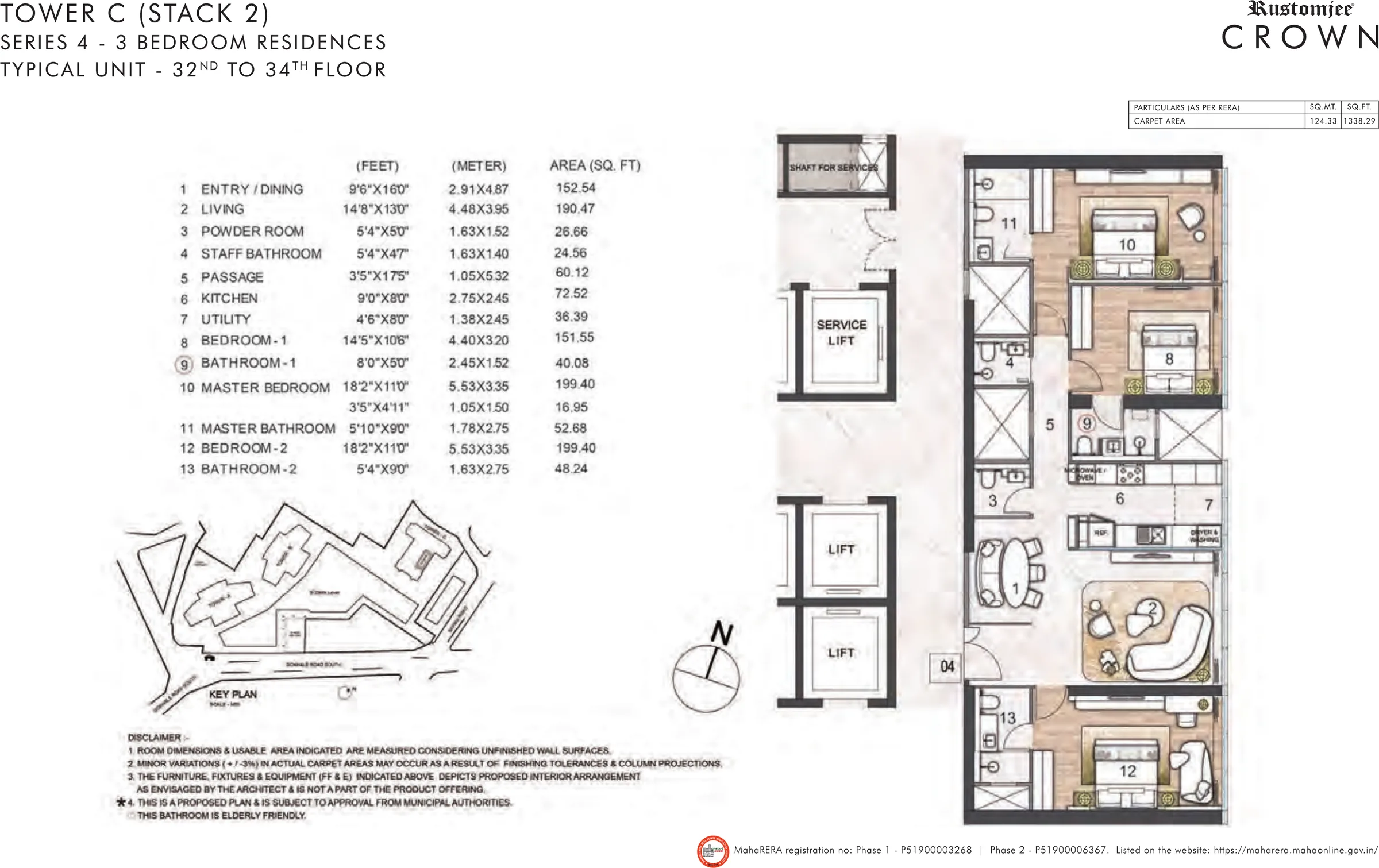 Rustomjee Crown Tower C Series 4 3 BHK unit plan, 1,338 sq ft carpet