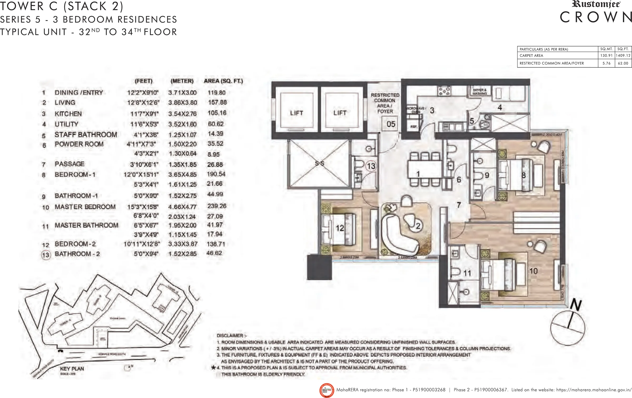 Rustomjee Crown Tower C Series 5 3 BHK unit plan, 1,409 sq ft carpet + 62 sq ft foyer