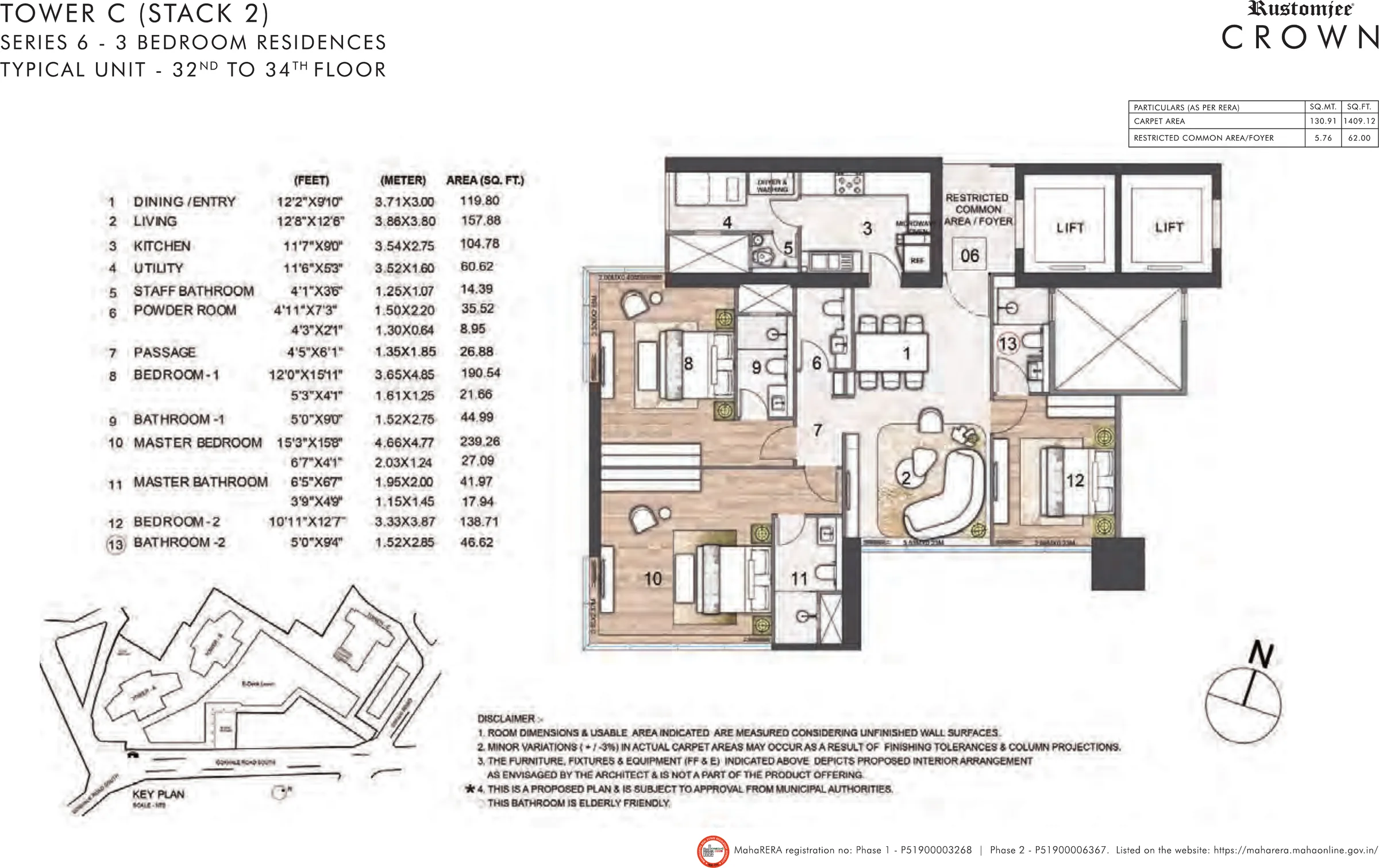 Rustomjee Crown Tower C Series 6 3 BHK unit plan, 1,409 sq ft carpet + 62 sq ft foyer