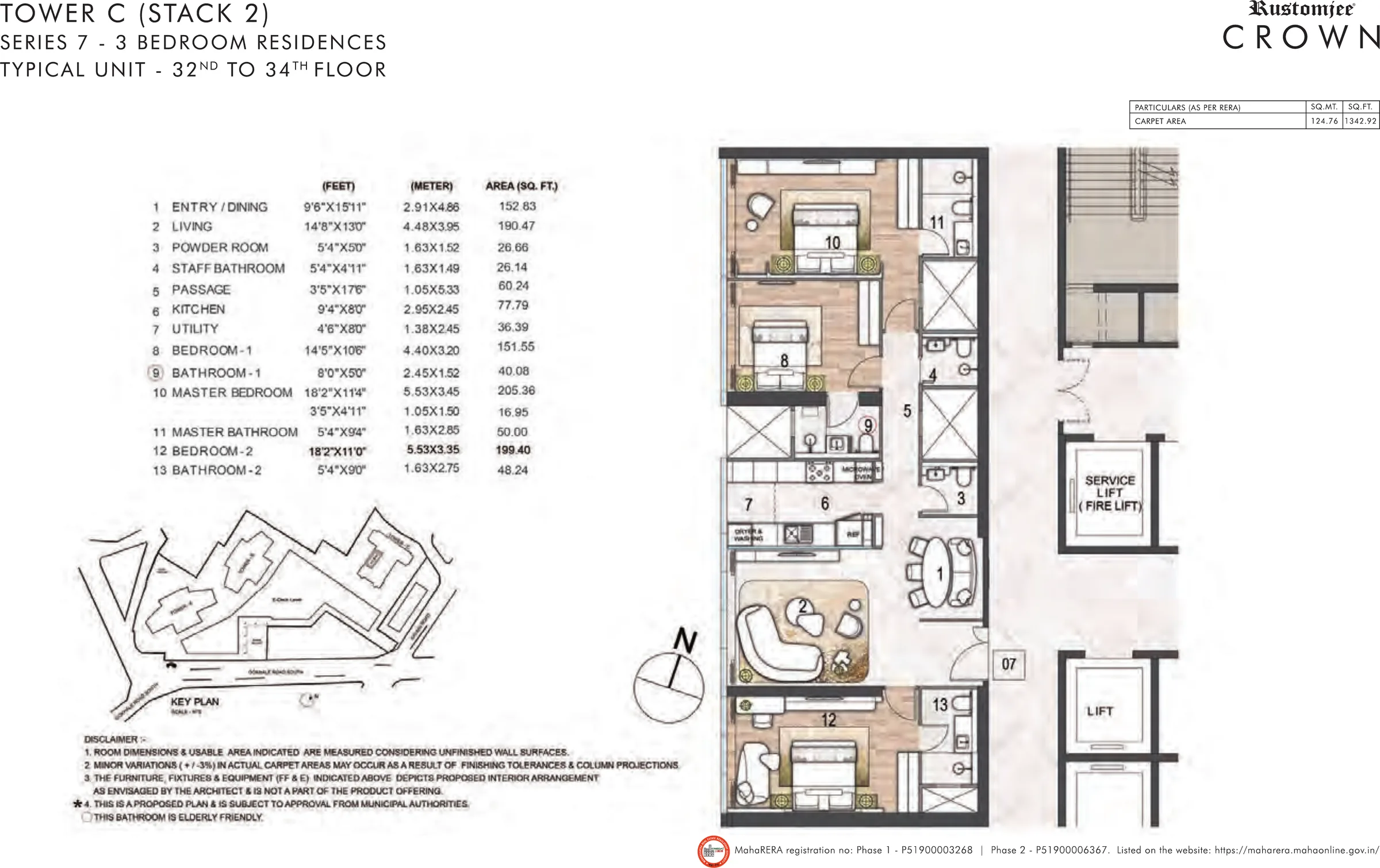 Rustomjee Crown Tower C Series 7 3 BHK unit plan, 1,343 sq ft carpet